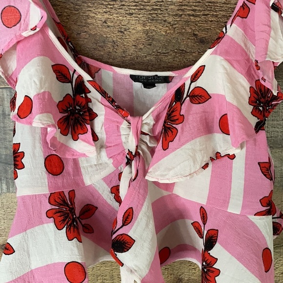 Topshop ruffle sleeveless crop top pink red floral pattern Size 10 - Picture 3 of 9